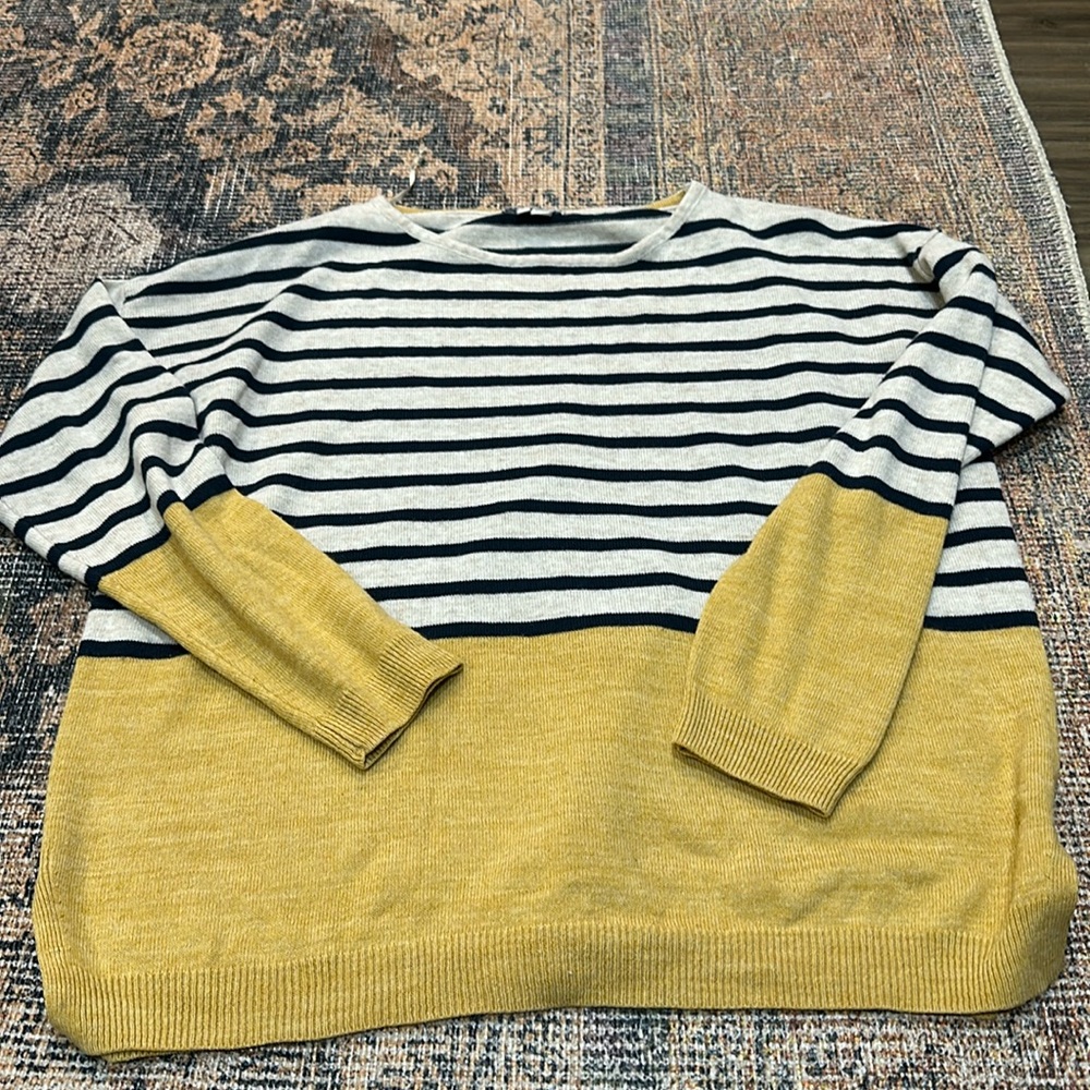 Fat Face 8 Soft Acrylic Knit Navy Yellow Stripe Relaxed Pullover Sweater 148869